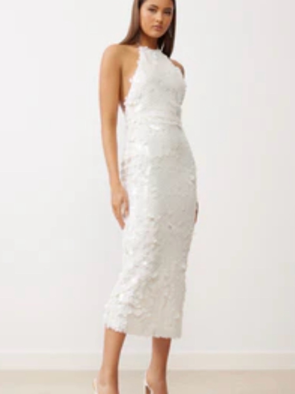 STUDIO LEXI river dress- Sequin Halter Midi Dress in White